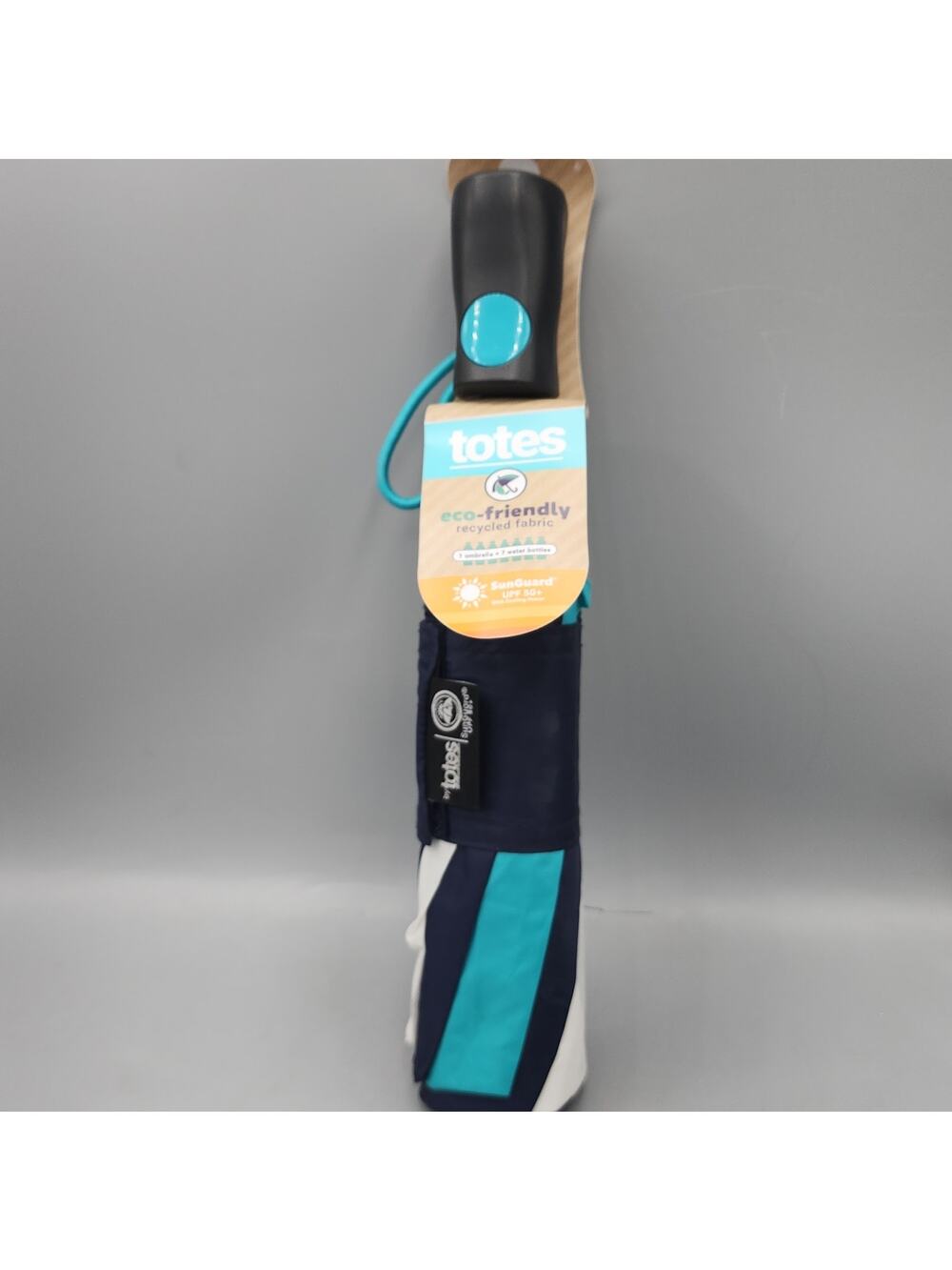 Totes Umbrella 42 inch Auto Open Blue White Teal with Sun Guard
